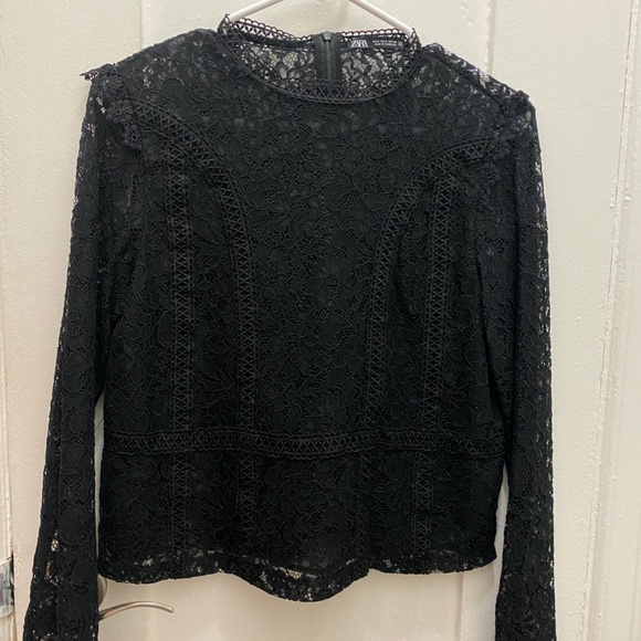Zara Black Lace Top Semi-sheer Round Neck Long Sleeves - Picture 2 of 3